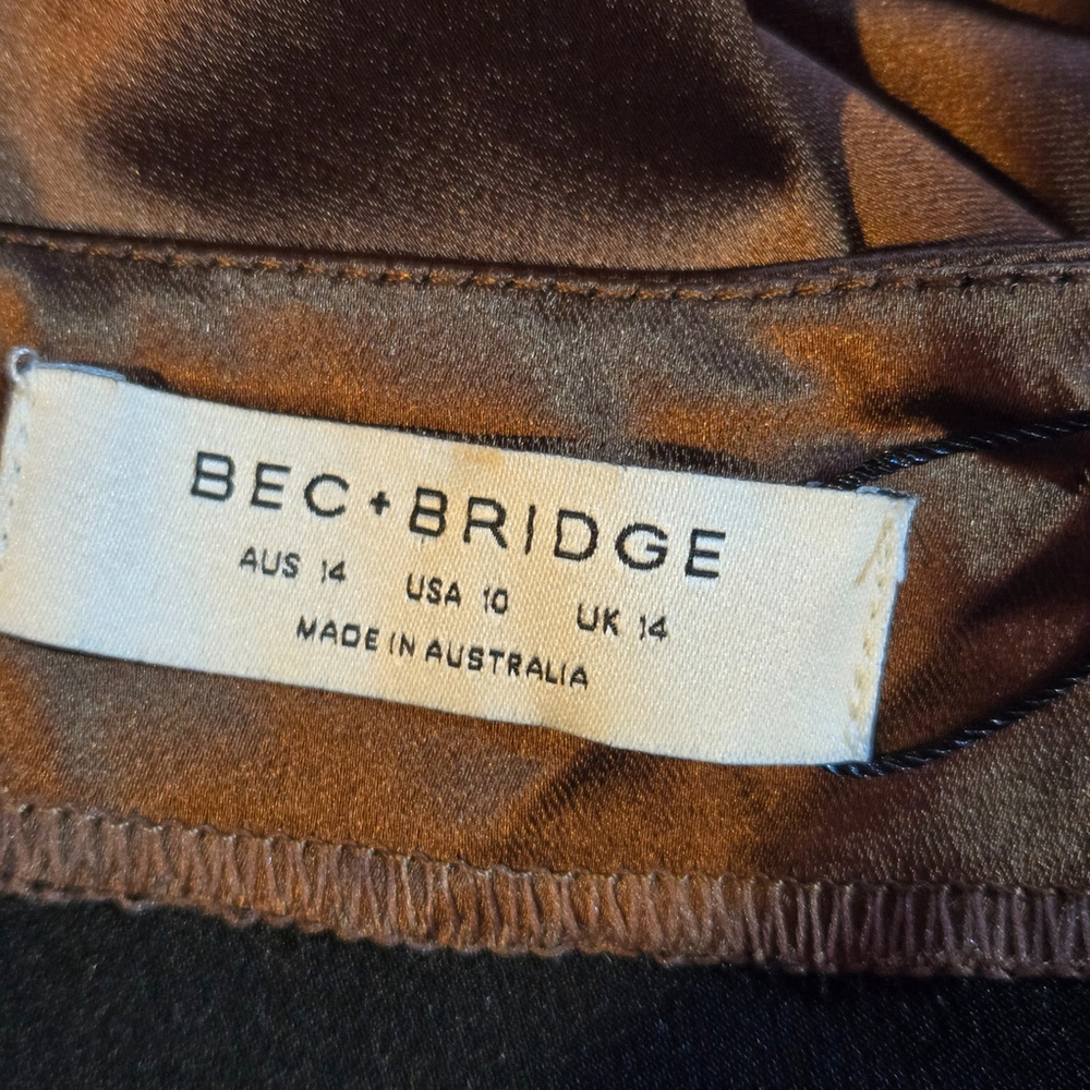 Bec + Bridge Heather Satin Midi Dress Brown Open Back Cocktail Wedding US 10 NWT - Picture 7 of 11